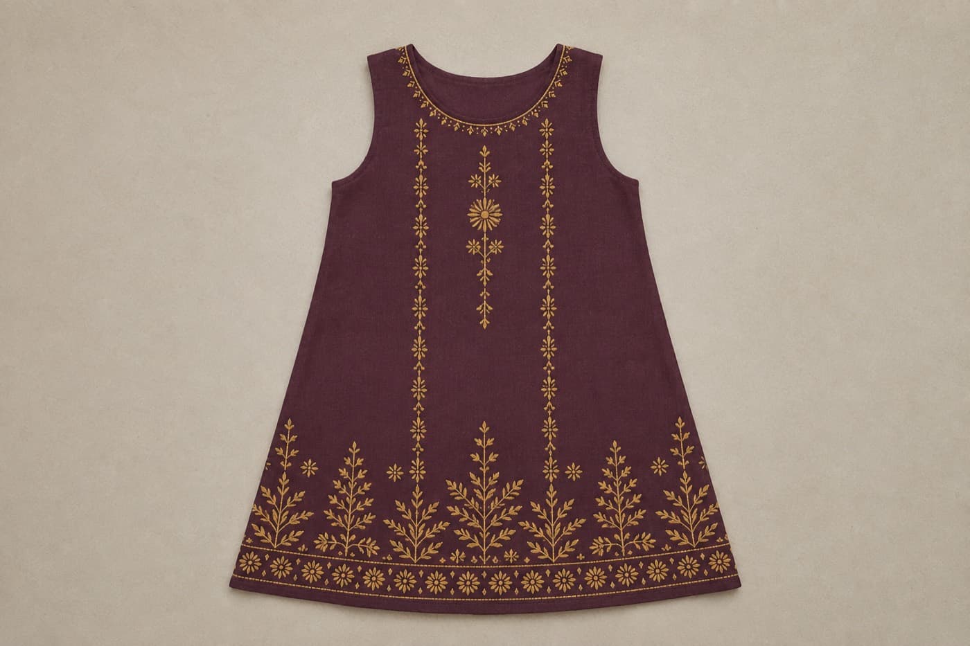 A finished a-line dress, laid out flat