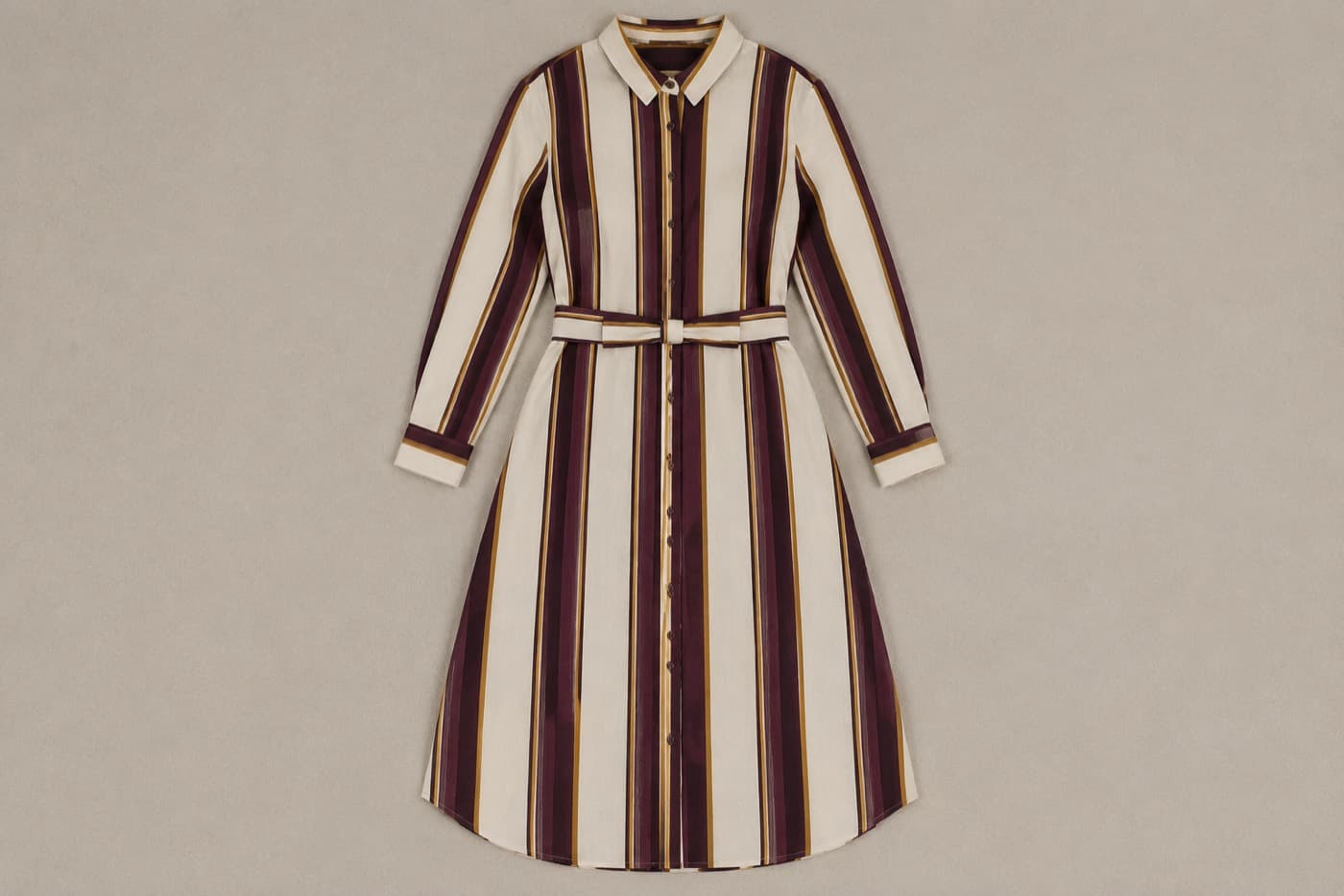 A finished shirt dress, laid out flat
