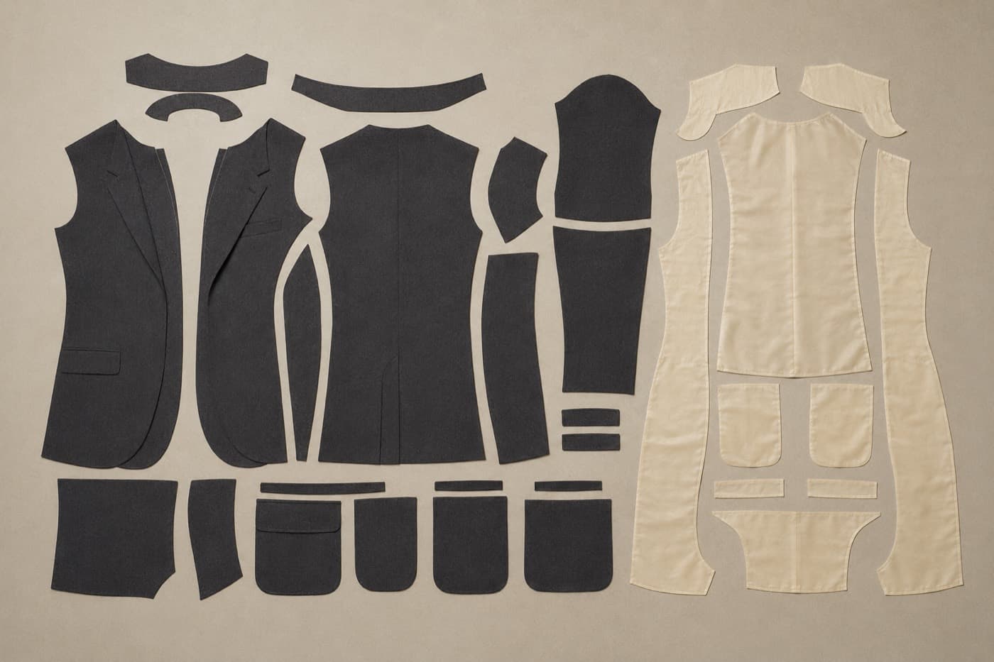 The 27 cut fabric pieces of a lined blazer, laid out flat