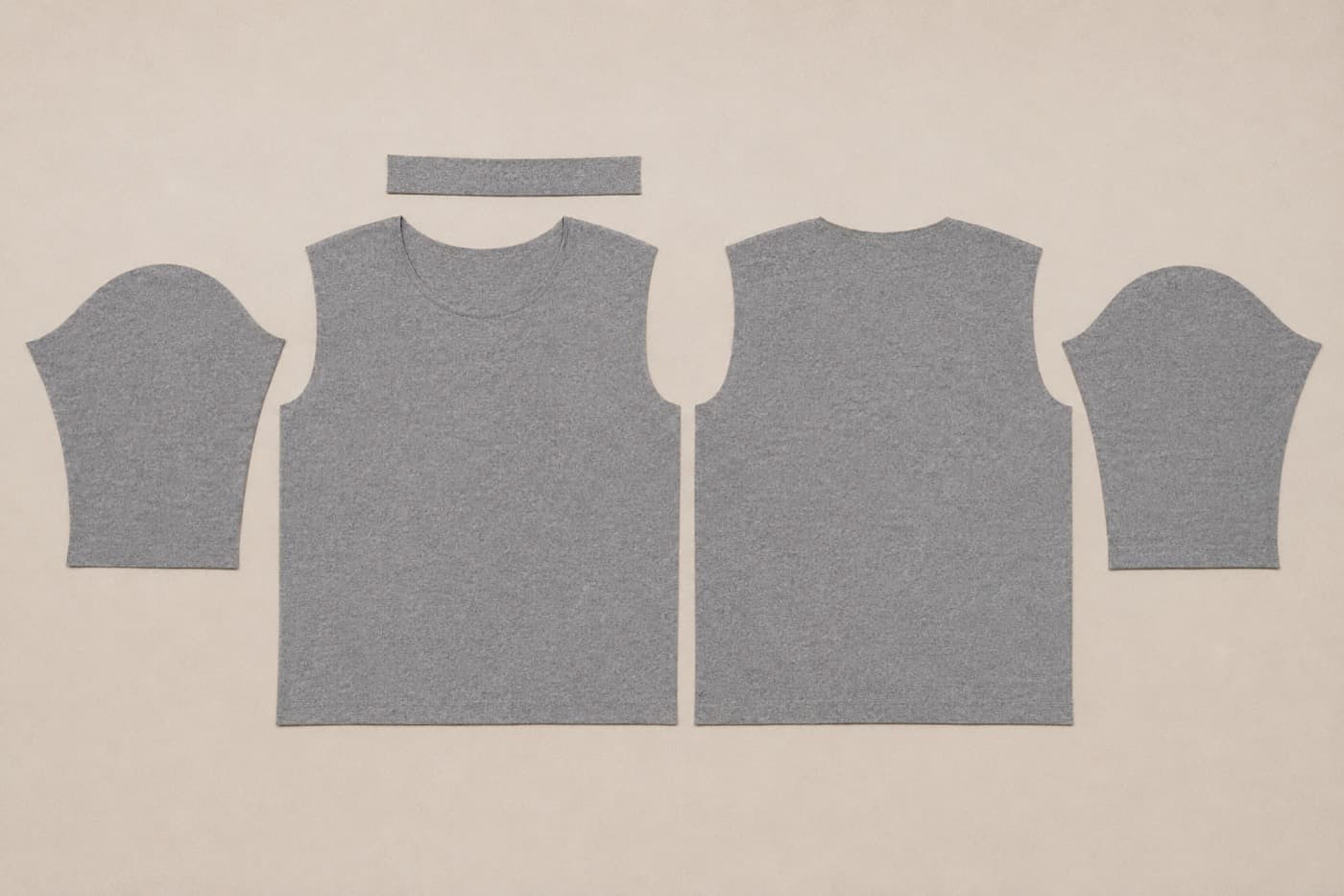 The 5 cut fabric pieces of a knit t-shirt, laid out flat