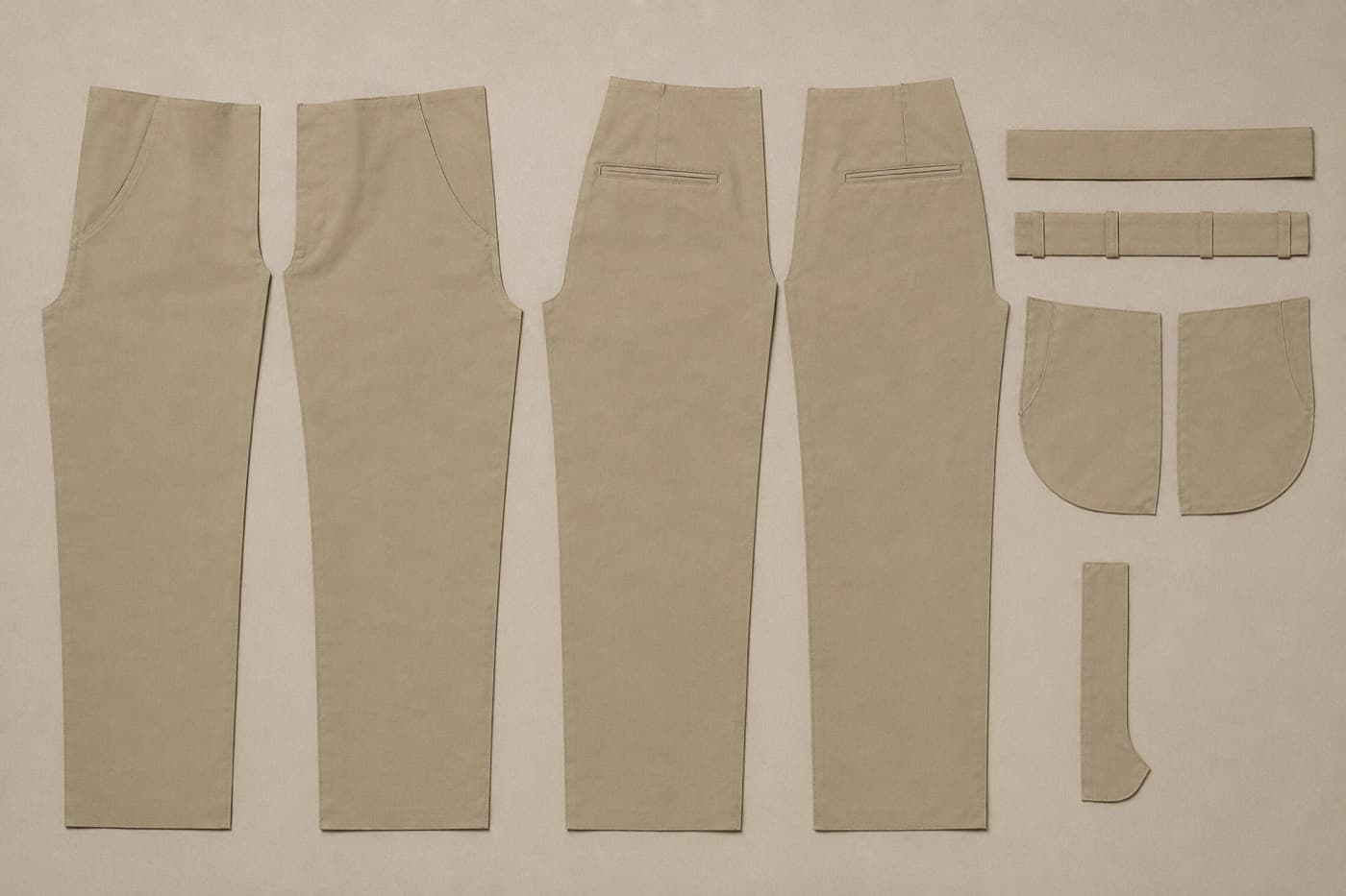 The 11 cut fabric pieces of a tailored trousers, laid out flat